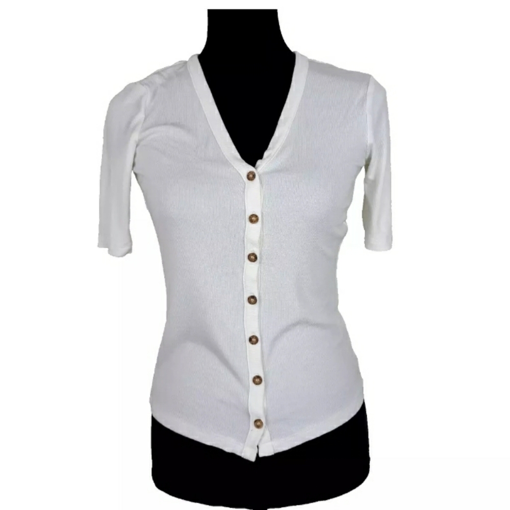 Marine Layer Ribbed Knit Top Women's Size XS Elbow Sleeve V-Neck Button Up Ivory